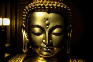 un' d'oro Budda statua nel un' buio camera. ai generato foto