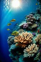 un' gruppo di pesce nuoto al di sopra di un' colorato corallo scogliera. ai generato foto