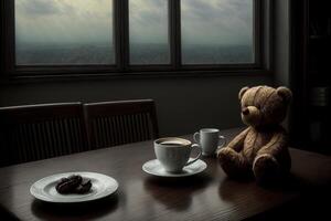 un' orsacchiotto orso seduta a un' tavolo con un' tazza di caffè. ai generato foto