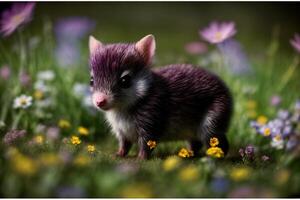 un' vicino su di un' piccolo animale nel un' campo di fiori. ai generato foto