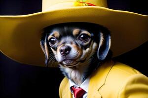 un' piccolo cane indossare un' giallo cowboy cappello. ai generato foto