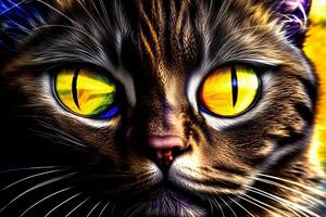 un' vicino su di un' gatto con giallo occhi. ai generato foto