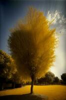 un' albero con giallo le foglie soffiaggio nel il vento. ai generato foto