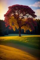 un' pittura di un' albero nel il mezzo di un' campo. ai generato foto