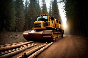 un' grande giallo bulldozer seduta su superiore di un' sporco strada. ai generato foto