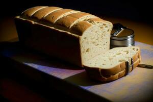 un' pagnotta di pane seduta su superiore di un' taglio tavola. ai generato foto