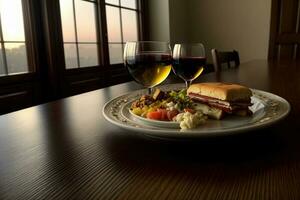 un' piatto di cibo e un' bicchiere di vino su un' tavolo. ai generato foto