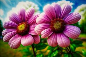 Due viola fiori con un' blu cielo nel il sfondo. ai generato foto