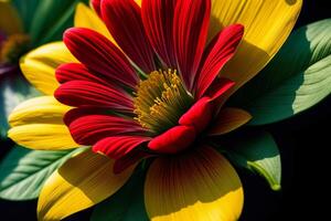 un' rosso e giallo fiore con verde le foglie. ai generato foto