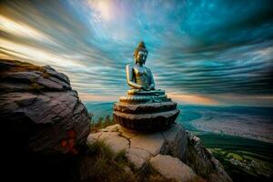 un' Budda statua seduta su superiore di un' grande roccia. ai generato foto