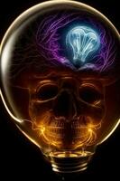 un' umano cranio con un' raggiante leggero lampadina nel suo testa. ai generato foto
