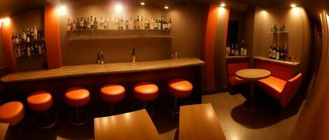 un' debolmente illuminato bar con arancia sgabelli. ai generato foto