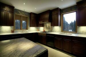 un' cucina con marmo contatore cime e di legno armadietti. ai generato foto