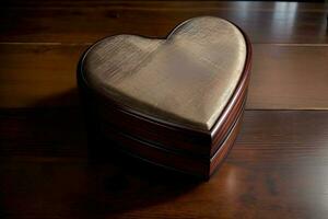 un' cuore sagomato scatola seduta su superiore di un' di legno tavolo. ai generato foto