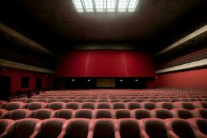 un' grande auditorium con righe di vuoto sedili. ai generato foto