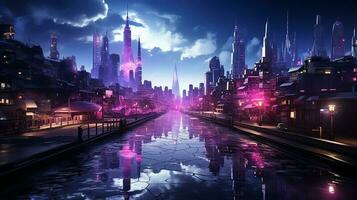 foto-realistica cyberpunk metropolitano città nel il notte ai generato foto