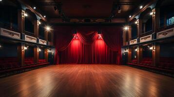 Teatro palcoscenico, con rosso tenda, di legno pavimento, sedie e illuminazione ai generativo foto