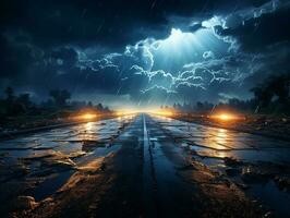 autostrada strada nel il notte con pesante pioggia e fulmine ai generativo foto