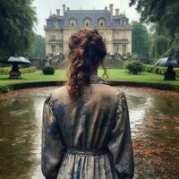 un' indietro profilo di un' ragazza nel un' pioggia a un' parco di un' Francia vecchio villaggi ai generativo foto