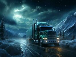un' bianca camion su autostrada, con galassia sfondo, folle dettaglio fatto di ai generativo foto