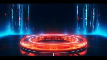 tecnologia futuristico cerchio con raggiante neon leggero podio palcoscenico generativo ai. foto