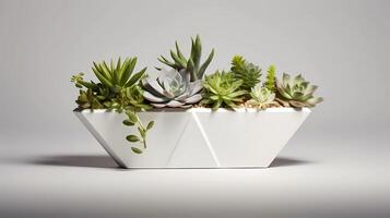 ai generativo moderno geometrico sagomato piantatore alloggiamento un assortimento di vivace succulente foto