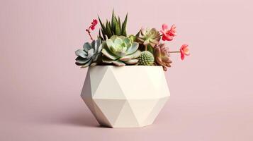 ai generativo moderno geometrico sagomato piantatore alloggiamento un assortimento di vivace succulente foto