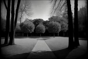 un' nero e bianca foto di alberi nel un' parco. ai generato