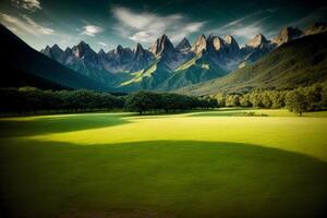 un' verde campo con montagne nel il sfondo. ai generato foto