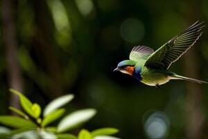 un' colorato uccello volante al di sopra di un' lussureggiante verde foresta. ai generato foto