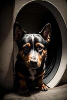 un' piccolo nero e Marrone cane seduta dentro di un' tunnel. ai generato foto