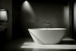 un' bianca bagno vasca seduta nel un' bagno Il prossimo per un' lavello. ai generato foto