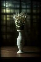 un' bianca vaso pieno con bianca fiori su superiore di un' di legno tavolo. ai generato foto