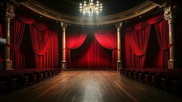 Teatro palcoscenico, con rosso tenda, di legno pavimento, sedie e illuminazione ai generativo foto
