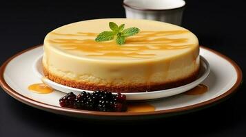 torta di formaggio piatto con bianca piatto nel bianca sfondo ai creare foto