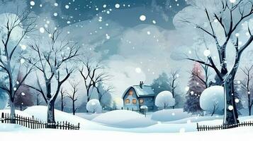 inverno, festivo, Natale sfondo. nel un' capriccioso Vintage ▾ illustrazione, un' allegro scena spiegato a casa su un' magico inverno notte, con i fiocchi di neve vorticoso nel il aria con ai generativo foto