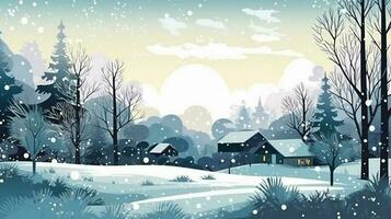 inverno, festivo, Natale sfondo. nel un' capriccioso Vintage ▾ illustrazione, un' allegro scena spiegato a casa su un' magico inverno notte, con i fiocchi di neve vorticoso nel il aria con ai generativo foto