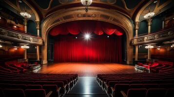 Teatro palcoscenico, con rosso tenda, di legno pavimento, sedie e illuminazione ai generativo foto