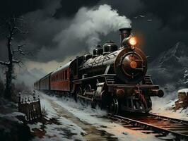 un' treno nel il neve con buio sfondo, folle dettaglio fatto di ai generativo foto