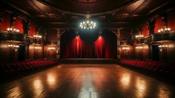 Teatro palcoscenico, con rosso tenda, di legno pavimento, sedie e illuminazione ai generativo foto