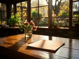 carta su il di legno tavolo, vero fotografia con liscio illuminazione e sole leggero ai creare foto