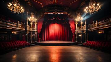 Teatro palcoscenico, con rosso tenda, di legno pavimento, sedie e illuminazione ai generativo foto