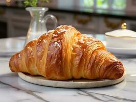 fotografia di francese brioche su il bianca marmo tavolo ai generato foto