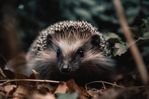 riccio tra le foglie nel foresta, autunno immagine. ai generativo foto