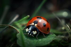 vicino su di un' rosso coccinella su un' foglia. ai generativo foto