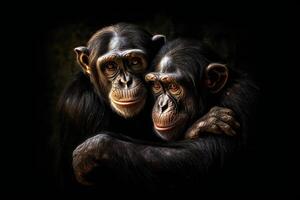 ritratto di Due scimpanzé Abbracciare una persona ogni Altro, nero sfondo. ai generativo foto