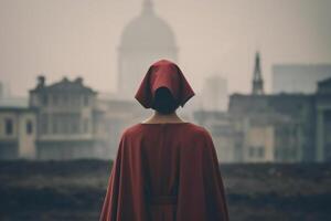 un' giovane donna nel un' rosso mantello sta nel il mezzo di il città. ai generativo foto