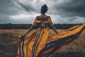 bellissimo donna nel un' giallo vestito contro il sfondo di un' tempestoso cielo. ai generativo foto