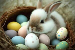 carino coniglietto con Pasqua uova nel cestino. ai generativo foto