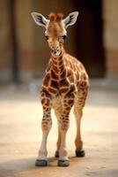 ritratto di un' bambino giraffa contro il sfondo di il zoo. ai generativo foto